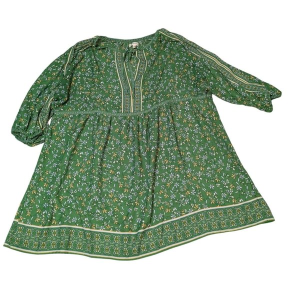 Max Studio Green Floral Boho Peasant Blouse XL Cotton/Rayon 3/4 Sleeves Pullover - Picture 1 of 9